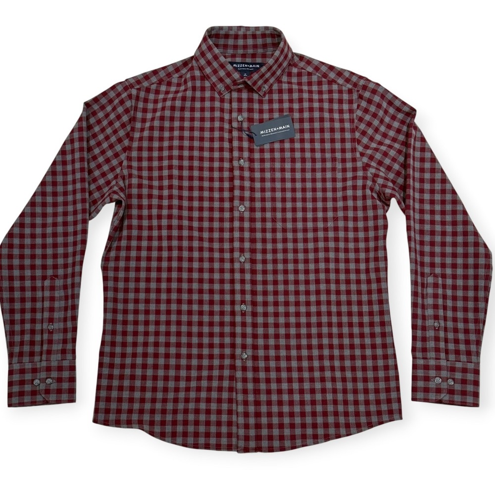Mizzen+Main City Flannel Shirt Burgundy Gray Stretch NWT Men M Trim Performance